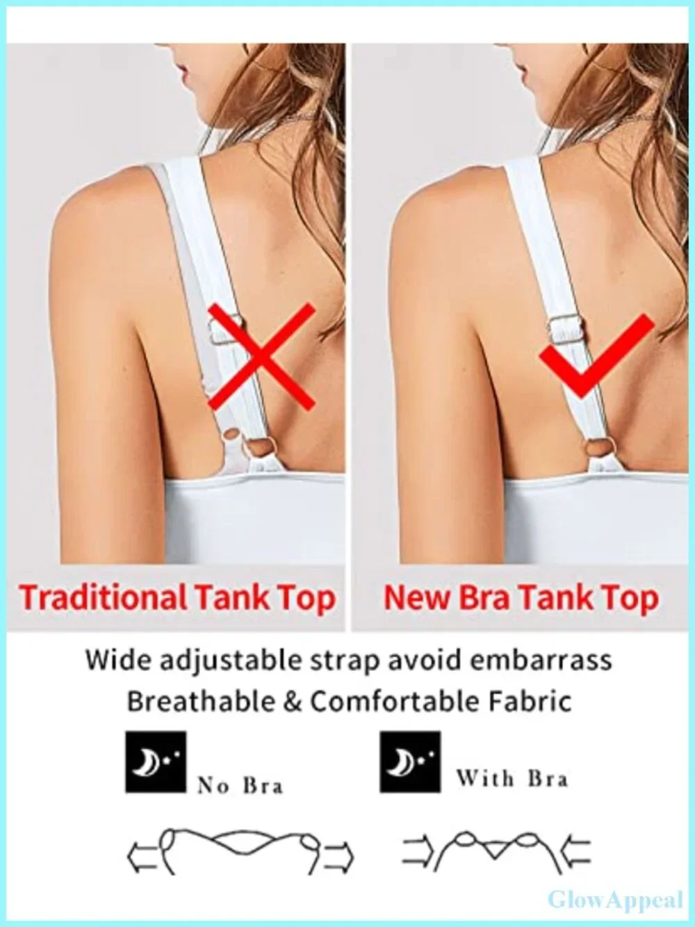 Women's Cotton Tank Top with Built-in Removable Padded Bra, Adjustable Straps,